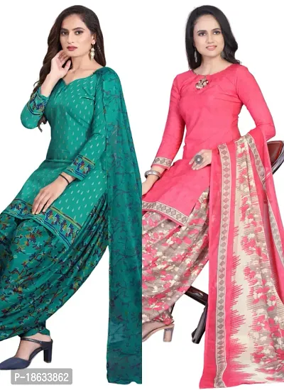 Teal  Pink Crepe Printed Dress Material with Dupatta For Women (Combo pack of 2)