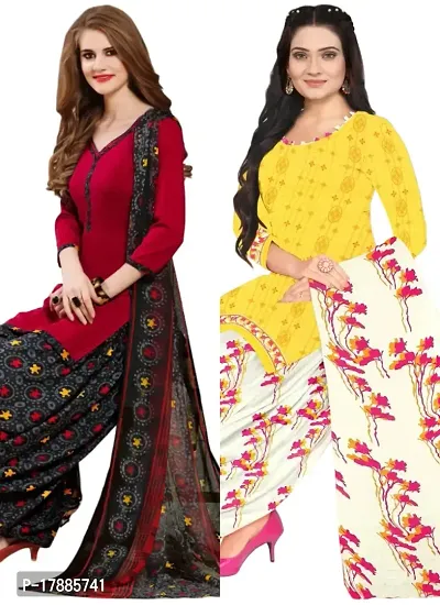 Red  Yellow Crepe Printed Dress Material with Dupatta For Women (Combo pack of 2)