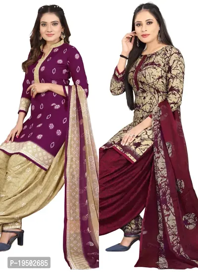 Purple  Beige Crepe Printed Dress Material with Dupatta For Women (Combo pack of 2)-thumb0