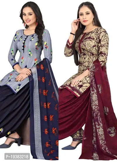 Grey  Beige Crepe Printed Dress Material with Dupatta For Women (Combo pack of 2)-thumb0