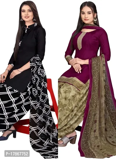 Black  Wine Crepe Printed Dress Material with Dupatta For Women (Combo pack of 2)-thumb0