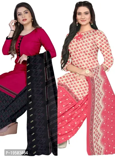 Pink  Pink Crepe Printed Dress Material with Dupatta For Women (Combo pack of 2)-thumb0