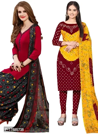 Red  Multicolor Crepe Printed Dress Material with Dupatta For Women (Combo pack of 2)