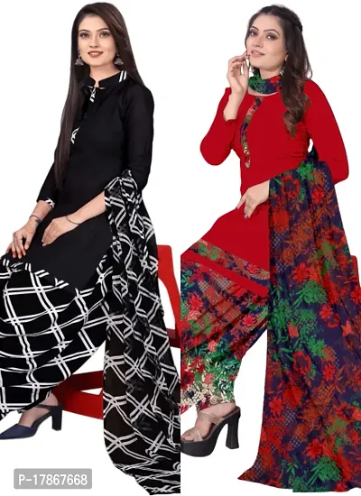 Black  Red Crepe Printed Dress Material with Dupatta For Women (Combo pack of 2)-thumb0
