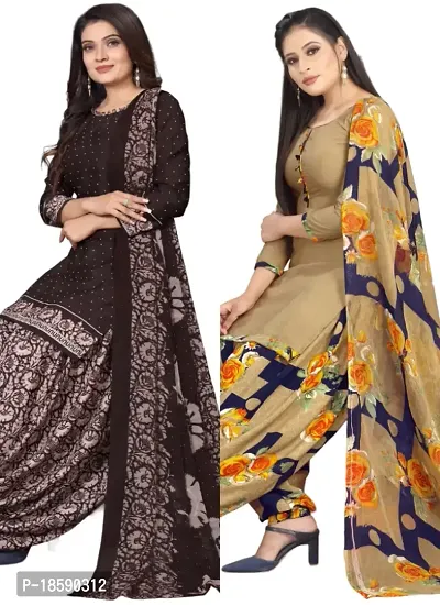 Brown  Beige Crepe Printed Dress Material with Dupatta For Women (Combo pack of 2)