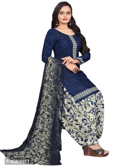 Elegant Navy Blue Crepe Printed Dress Material with Dupatta For Women-thumb0