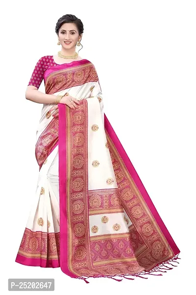 LIVA FAB Women's Art Silk Printed Saree with Unstitched Blouse Piece (White  Pink)