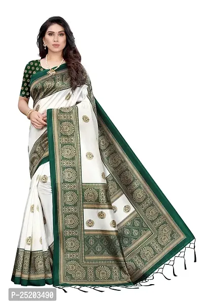 LIVA FAB Women's Art Silk Printed Saree with Unstitched Blouse Piece (White  Dark Green)-thumb0