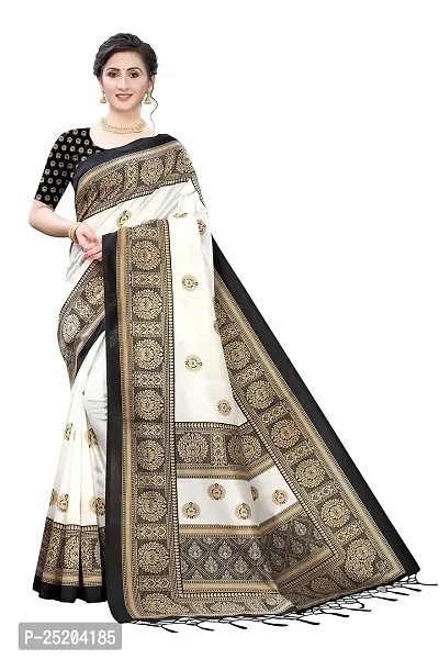 LIVA FAB Women's Art Silk Printed Saree with Unstitched Blouse Piece (White  Black)-thumb0