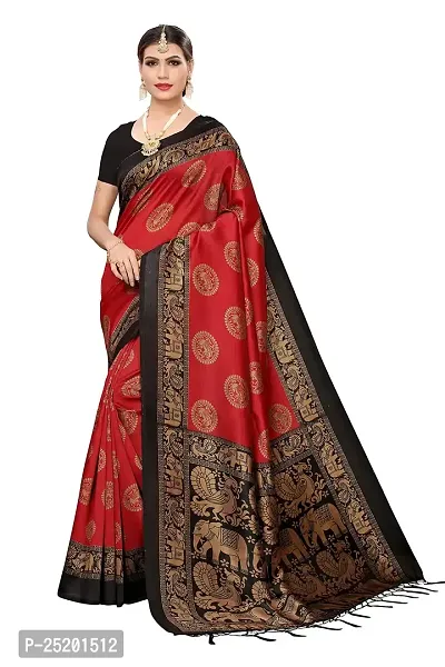 LIVA FAB Women's Art Silk Animal Printed Saree with Unstitched Blouse Piece (Red  Black)-thumb0