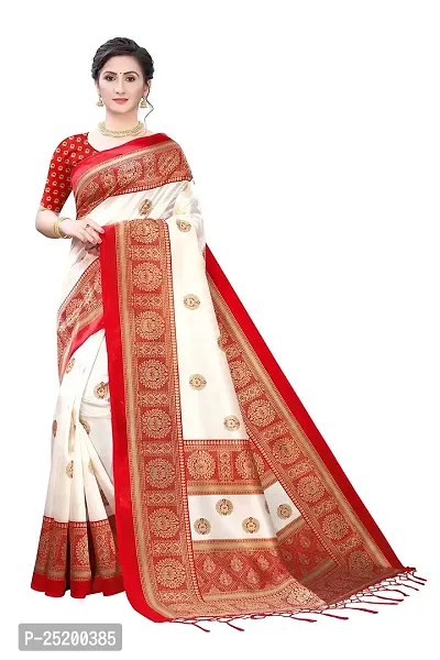 LIVA FAB Women's Art Silk Printed Saree with Unstitched Blouse Piece (White  Red)