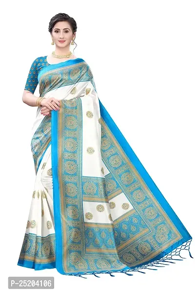 LIVA FAB Women's Art Silk Printed Saree with Unstitched Blouse Piece (White  Light Blue)