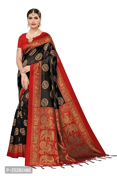 LIVA FAB Women's Art Silk Animal Printed Saree with Unstitched Blouse Piece (Black  Red)