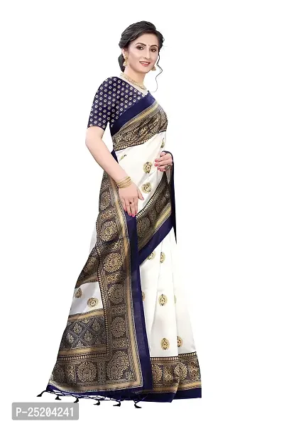 LIVA FAB Women's Art Silk Printed Saree with Unstitched Blouse Piece (White  Dark Blue)-thumb2