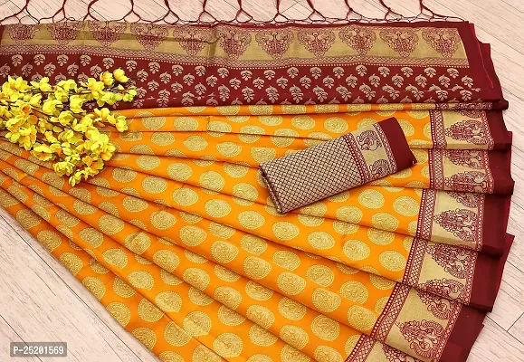 LIVA FAB Women's Art Silk Saree with Unstitched Blouse Piece (Yellow  Maroon)-thumb5