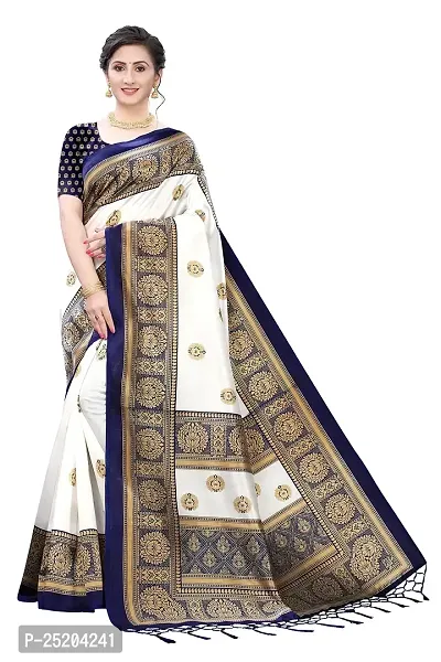 LIVA FAB Women's Art Silk Printed Saree with Unstitched Blouse Piece (White  Dark Blue)