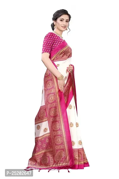 LIVA FAB Women's Art Silk Printed Saree with Unstitched Blouse Piece (White  Pink)-thumb2