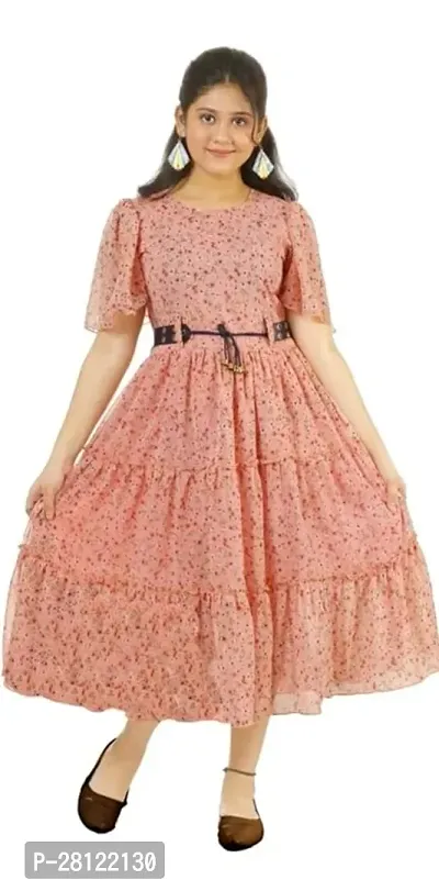 Fabulous Peach Cotton Printed Frock Dress For Girls-thumb0