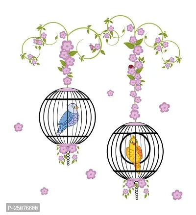 Lakshit Enterprises Birds in Cage with Flowers Wall Sticker Multicolor PVC Vinyl 83x90 Cm-thumb0