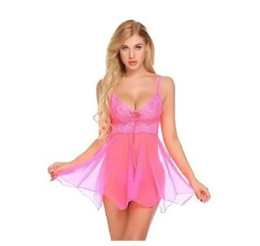 Womens Lace Net Solid Knee Length Nightdress with G-String Panty