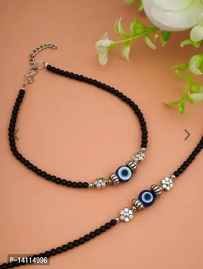 Stylish Womens Flower Evil Eye Anklet with Oxidised Beads (Pair of 2)