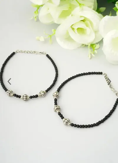 Stylish Womens Flower Anklet with Oxidised Beads (Pair of 2)