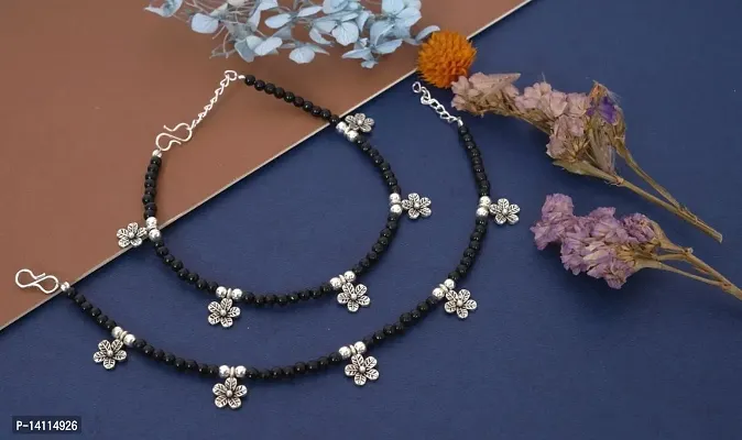 Stylish Womens Flower Anklet with Oxidised Beads (Pair of 2)