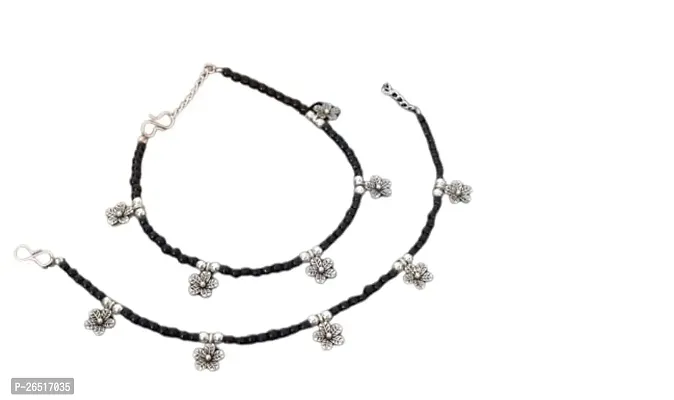 Stylish Women's Flower Anklet with Oxidised Beads (Pair of 2)