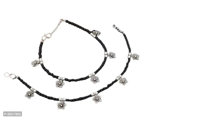 Stylish Women's Flower Anklet with Oxidised Beads (Pair of 2)-thumb0