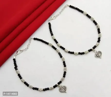 Stylish Womens Heart Anklet with Oxidised Beads(Pair of 2)