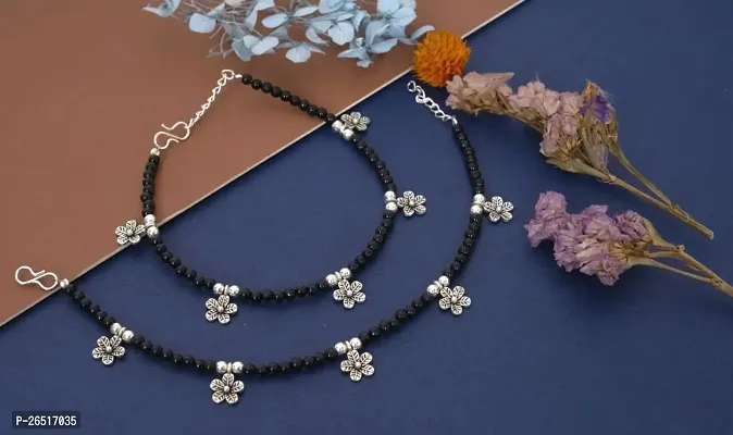 Stylish Women's Flower Anklet with Oxidised Beads (Pair of 2)-thumb2