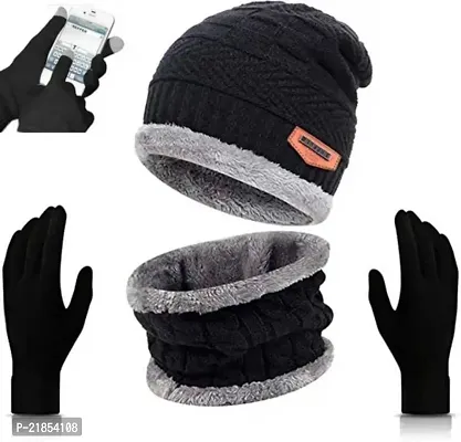 Unisex Winter Wear Wool Beanie Cap Muffler Scarf and Gloves Combo Set (Any Random Color)-thumb0