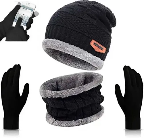 ZaySoo Men's and Women's Combo Winter Cap Scarf Gloves with Inside Fur Skull Hat Fitted to All - Free Size