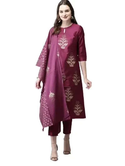 Clickedia Womens and Girls Fully Golden Print Work A-Line Rayon Kurti With Pant And Golden Gotta Printing With Border Printing Malmal Duppta Jaipuri Fully Stitched Suit.