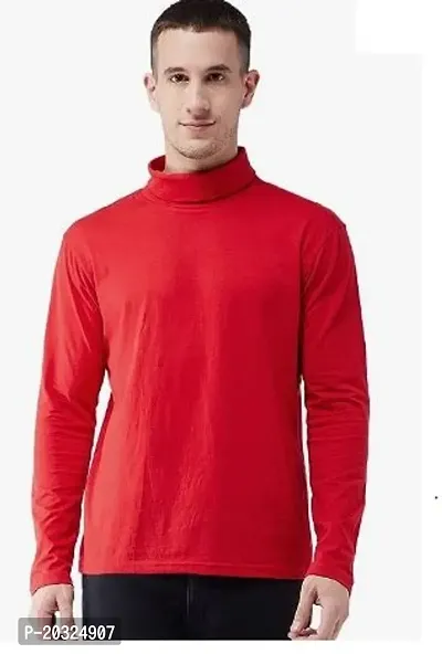 Stylish Red Cotton Solid High Neck Tees Full Sleeves Tshirt For Men-thumb0