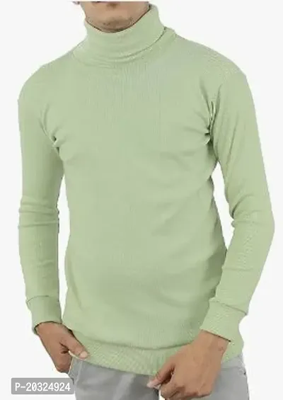 Stylish Green Cotton Solid High Neck Tees Full Sleeves Tshirt For Men