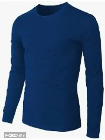 Stylish Navy Blue Cotton Solid High Neck Tees Full Sleeves Tshirt For Men