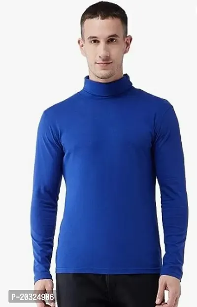 Stylish Blue Cotton Solid High Neck Tees Full Sleeves Tshirt For Men