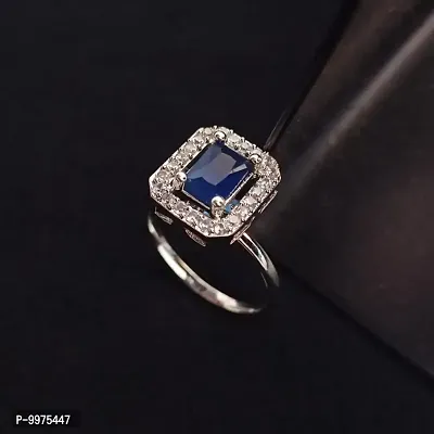 American Diamond studded Finger Ring for women  Girls- Rhodium plated Blue Stone