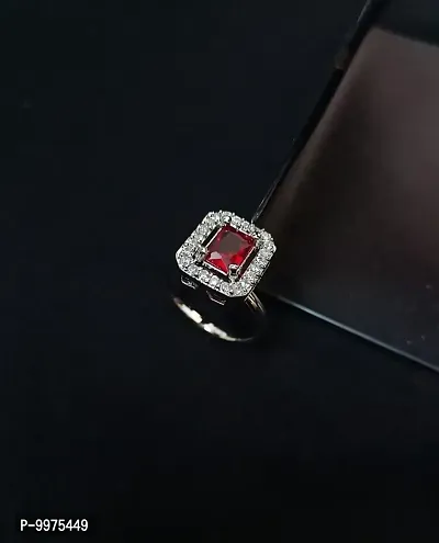 American Diamond studded Finger Ring for women  Girls- Rhodium plated Red Stone