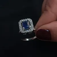 American Diamond studded Finger Ring for women  Girls- Rhodium plated Blue Stone-thumb1