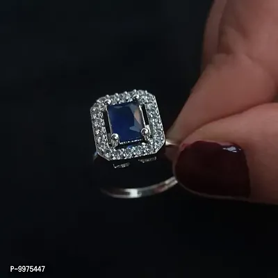 American Diamond studded Finger Ring for women  Girls- Rhodium plated Blue Stone-thumb2