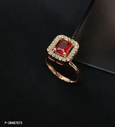 Mahi Rose Gold Plated Floral Look Adjustable Finger Ring with Red Arti