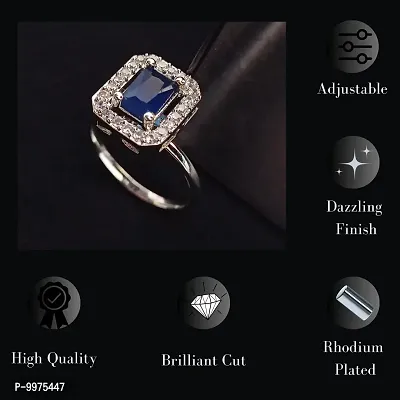 American Diamond studded Finger Ring for women  Girls- Rhodium plated Blue Stone-thumb3