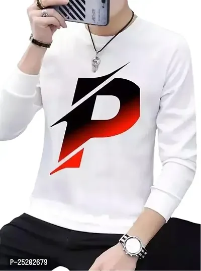 Trendywear Cotton Printed Comfortable Full Sleeve Round Neck Regular T-Shirt for Men (White)