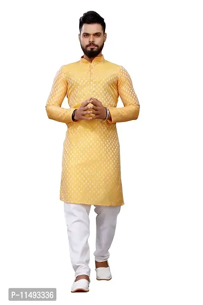 WeLook mens kurta pyjama set for wedding jacquard self design (L, YELLOW)