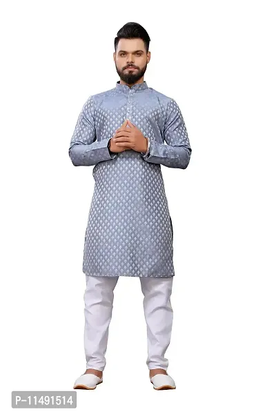 WeLook mens kurta pyjama set for wedding jacquard self design (XL, GRAY)-thumb0