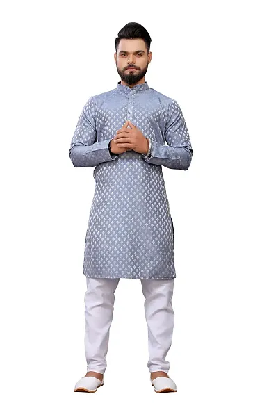 WeLook mens kurta pyjama set for wedding jacquard self design (XL, GRAY)