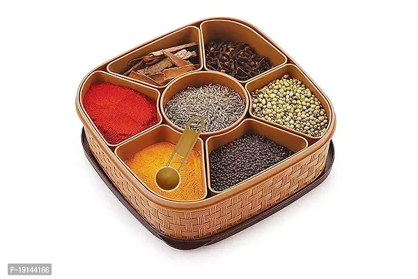 DREEMVIZION CREATION Multipurpose 7 In 1 Plastic Masala Rangoli Dabba Box Set with Spoon, Spice Box Set Wooden Style Plastic Spice Organizer-thumb0