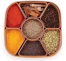 DREEMVIZION CREATION Multipurpose 7 In 1 Plastic Masala Rangoli Dabba Box Set with Spoon, Spice Box Set Wooden Style Plastic Spice Organizer-thumb1